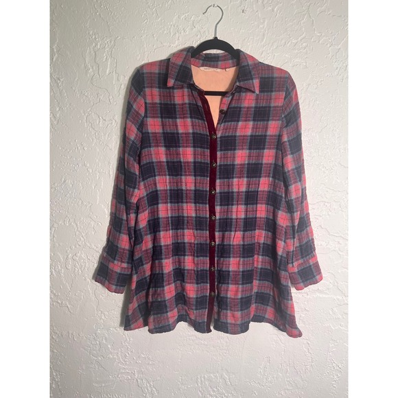 Soft Surroundings Tops - Soft Surroundings Womens Plaid Tunic Top Velvet Back Burnout Red Navy Blue Small